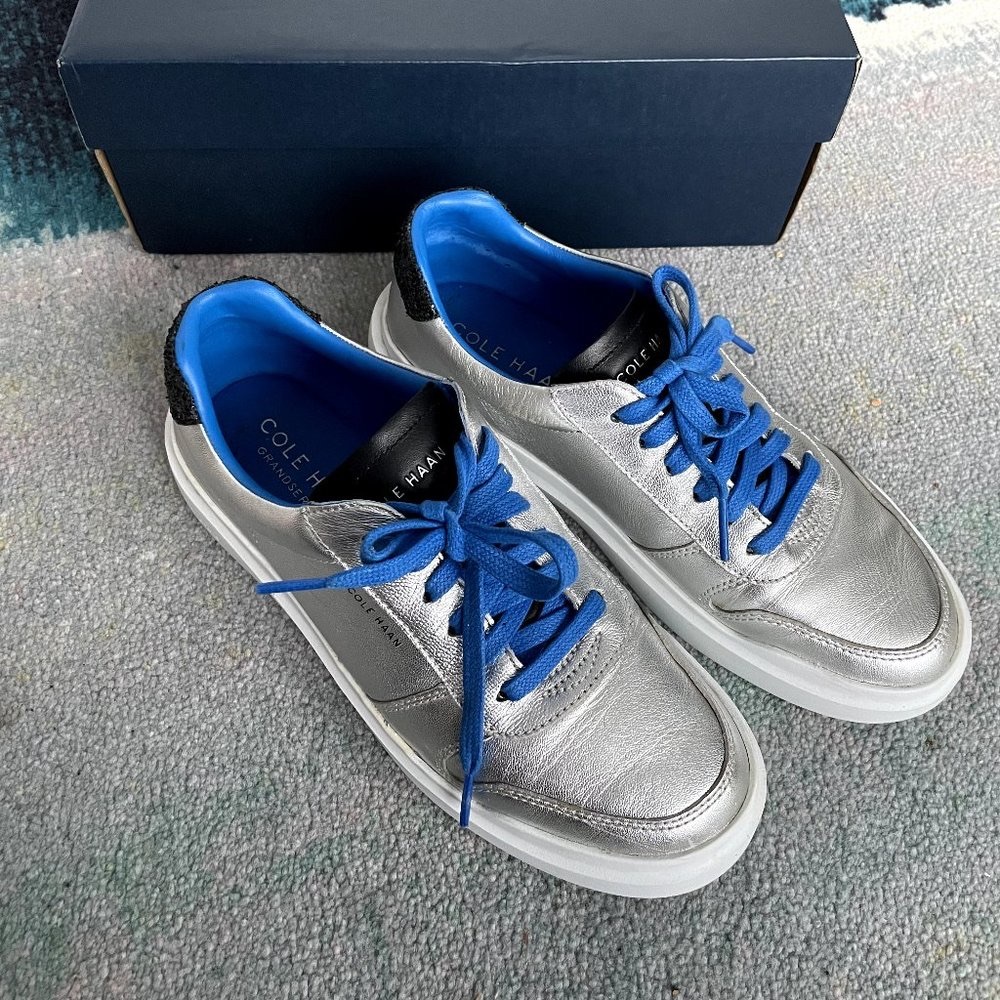Cole Haan Silver Leather Sneakers with Blue Accents 8.5M
